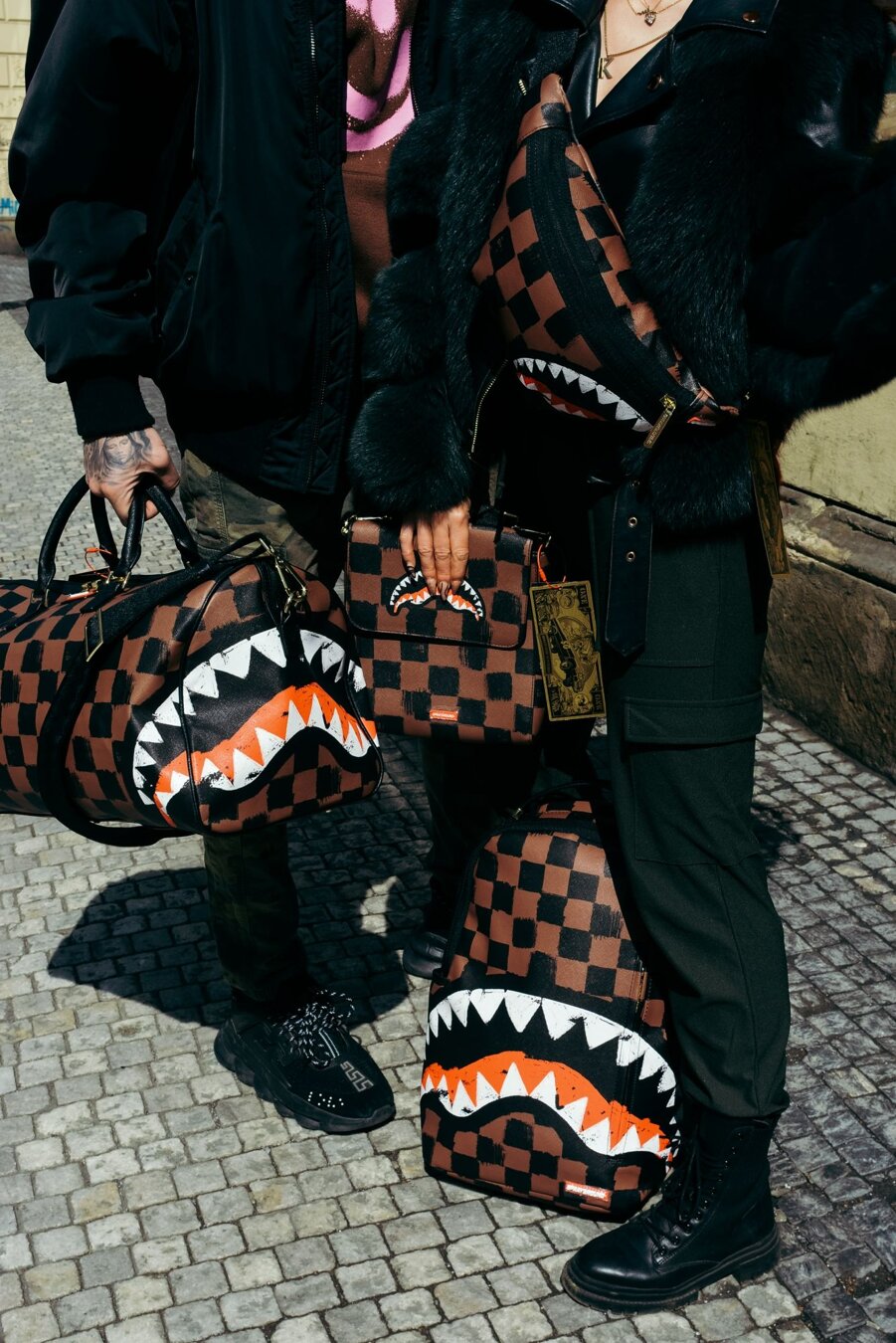 Sprayground Sharks in Paris Painted Mini Duffle Bag Brown Women