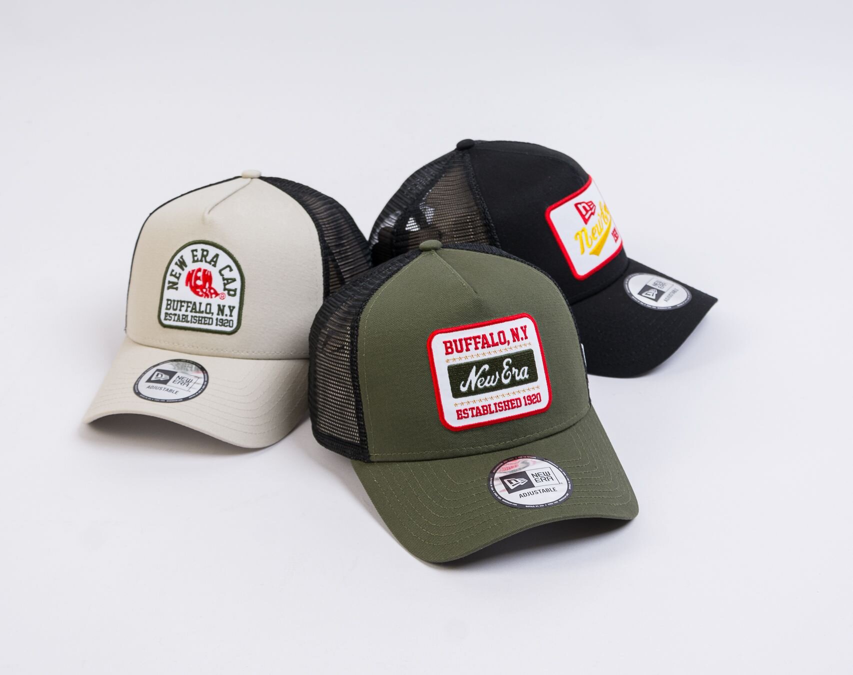 K iltovka New Era 9FORTY A Frame Trucker State Patch Trucker New Olive Scarlet Snapbacks