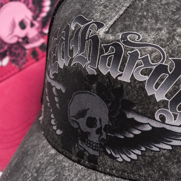 Cap Ed Hardy - Unisex Flaming Gothic Skull Washed 5 Panel Trucker Cap - Grey