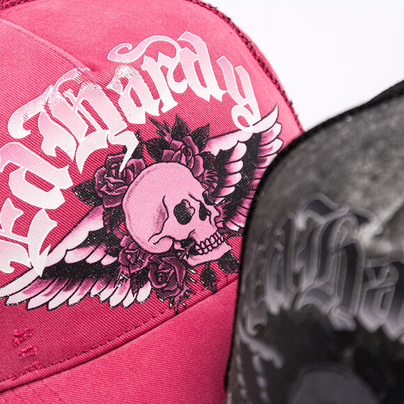 Cap Ed Hardy - Unisex Flaming Gothic Skull Washed 5 Panel Trucker Cap - Pink
