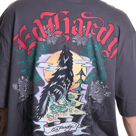 Tee Ed Hardy - Mens Don Wolf Eagle Panther Relaxed T-Shirt - Charcoal