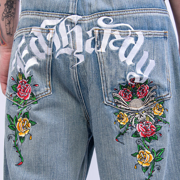 Shorts Ed Hardy - Mens Gothic Floral Denim Jort - Distressed Blue Wash