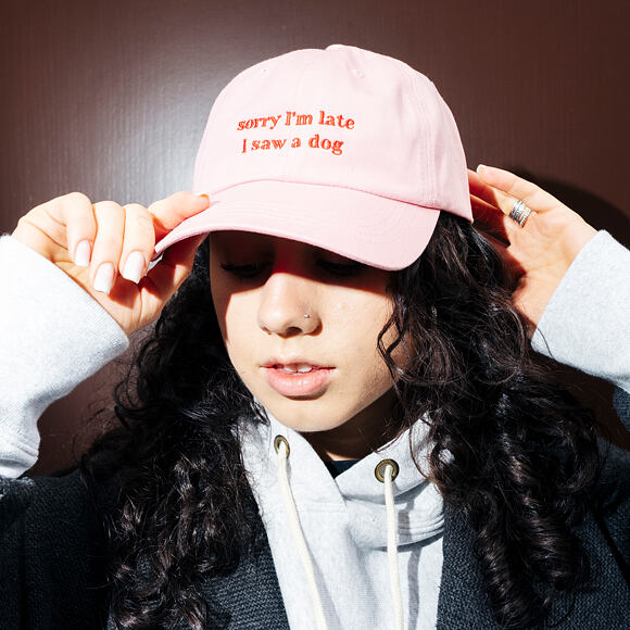 8by8 Dadcap - "Sorry I'm Late I saw a dog" - Baby Pink/Red