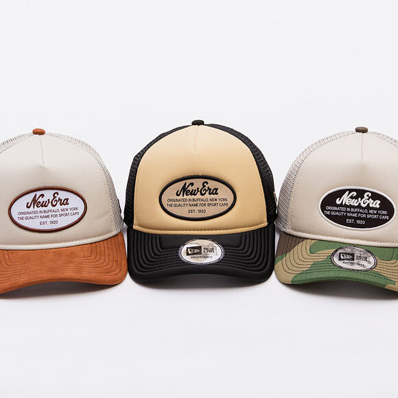 Kšiltovka New Era - Western Oval Patch Foam 9FORTY Trucker - Stone / Woodland Camo