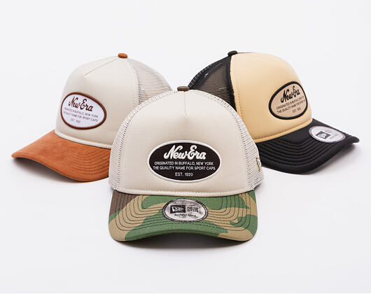 Kšiltovka New Era - Western Oval Patch Foam 9FORTY Trucker - Stone / Woodland Camo