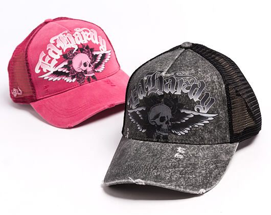 Cap Ed Hardy - Unisex Flaming Gothic Skull Washed 5 Panel Trucker Cap - Grey