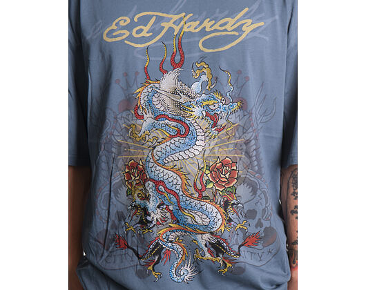 Tee Ed Hardy - Mens Dragon City Diamante Graphic Relaxed T-Shirt - Blue