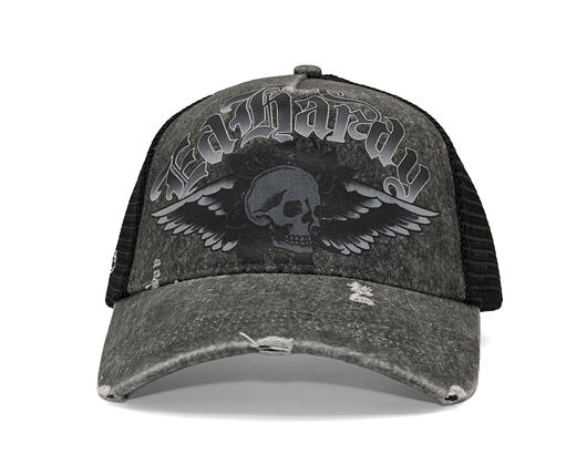 Cap Ed Hardy - Unisex Flaming Gothic Skull Washed 5 Panel Trucker Cap - Grey