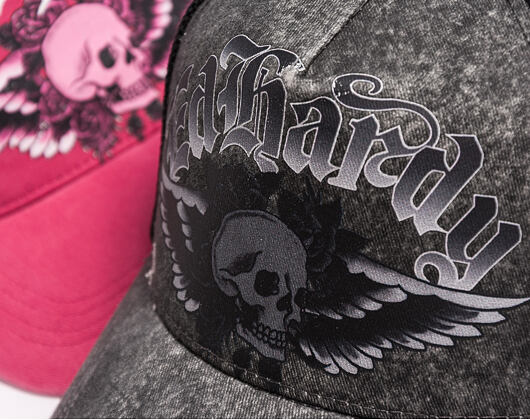 Cap Ed Hardy - Unisex Flaming Gothic Skull Washed 5 Panel Trucker Cap - Grey