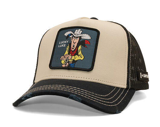 Cap Capslab - Lucky Luke Trucker - Gun Twirl Distressed Patch - Cream / Black