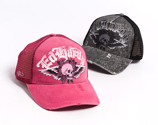 Cap Ed Hardy - Unisex Flaming Gothic Skull Washed 5 Panel Trucker Cap - Pink