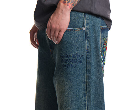 Pants Ed Hardy - Mens Fireball Dragon Dirty Wash Xxtra Denim Trousers Jeans - Green Tint