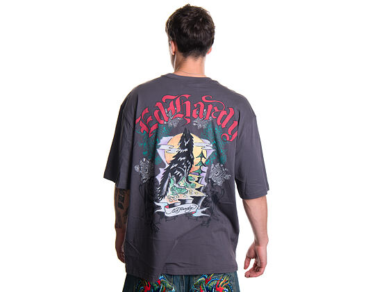 Tee Ed Hardy - Mens Don Wolf Eagle Panther Relaxed T-Shirt - Charcoal