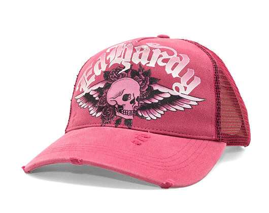 Cap Ed Hardy - Unisex Flaming Gothic Skull Washed 5 Panel Trucker Cap - Pink