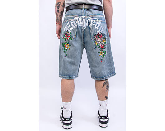 Shorts Ed Hardy - Mens Gothic Floral Denim Jort - Distressed Blue Wash