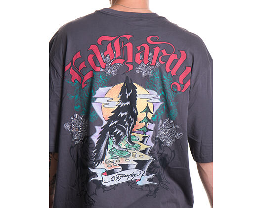 Tee Ed Hardy - Mens Don Wolf Eagle Panther Relaxed T-Shirt - Charcoal