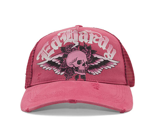 Cap Ed Hardy - Unisex Flaming Gothic Skull Washed 5 Panel Trucker Cap - Pink