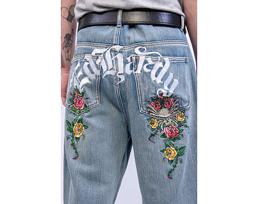 Shorts Ed Hardy - Mens Gothic Floral Denim Jort - Distressed Blue Wash
