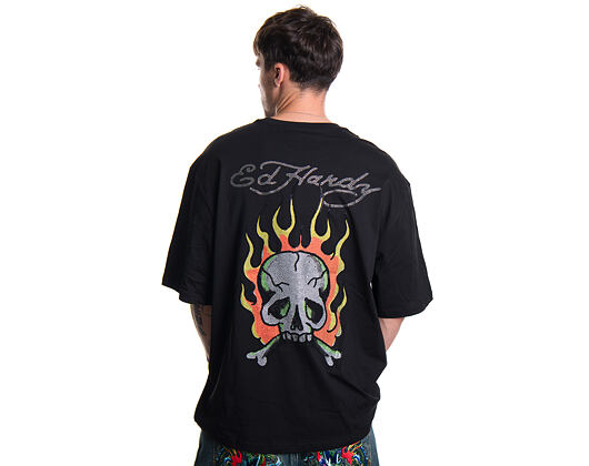 Tee Ed Hardy - Mens Skull Flame Diamante Relaxed Tshirt - Black