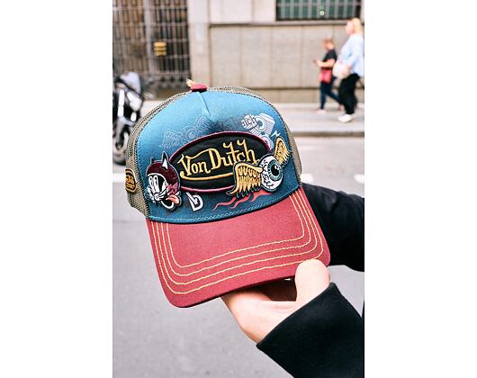 Cap Von Dutch - Devil Cat Hot Rod Patch & Print Trucker - Blue / Burgundy