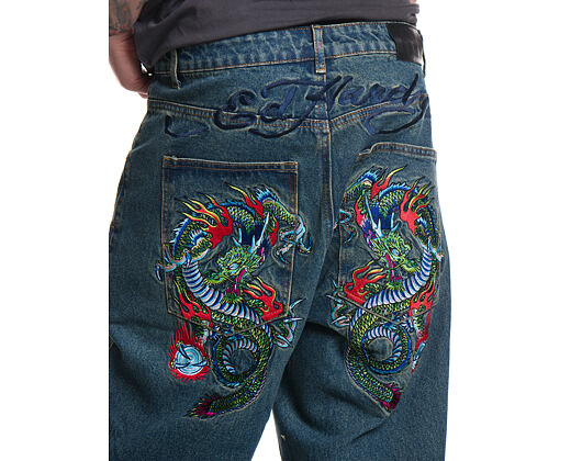Pants Ed Hardy - Mens Fireball Dragon Dirty Wash Xxtra Denim Trousers Jeans - Green Tint
